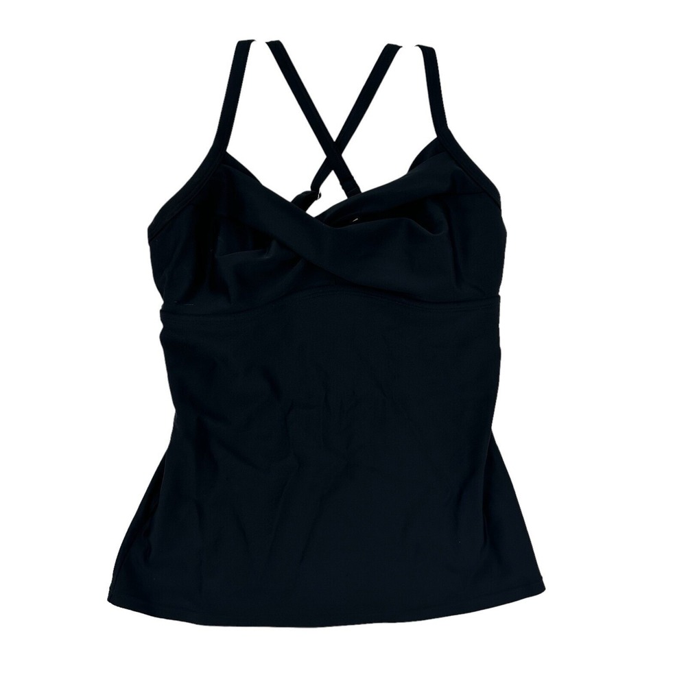 Athleta Tall Aqualuxe Twist Front Tankini Top Black Swimwear X-Back 32 D/DD